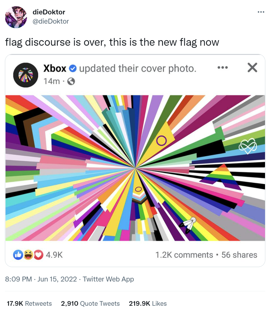 El usuario de Twitter dieDoktor retuitea una publicación de Xbox de la nueva bandera del Orgullo.