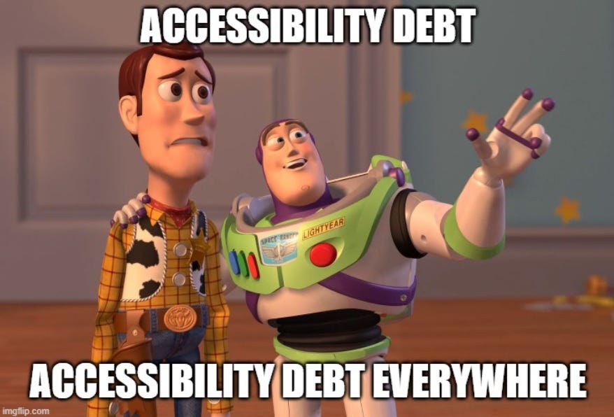 Buzz Lightyear reaching into the air saying “Accessibility debt. Accessibility Debt everywhere”