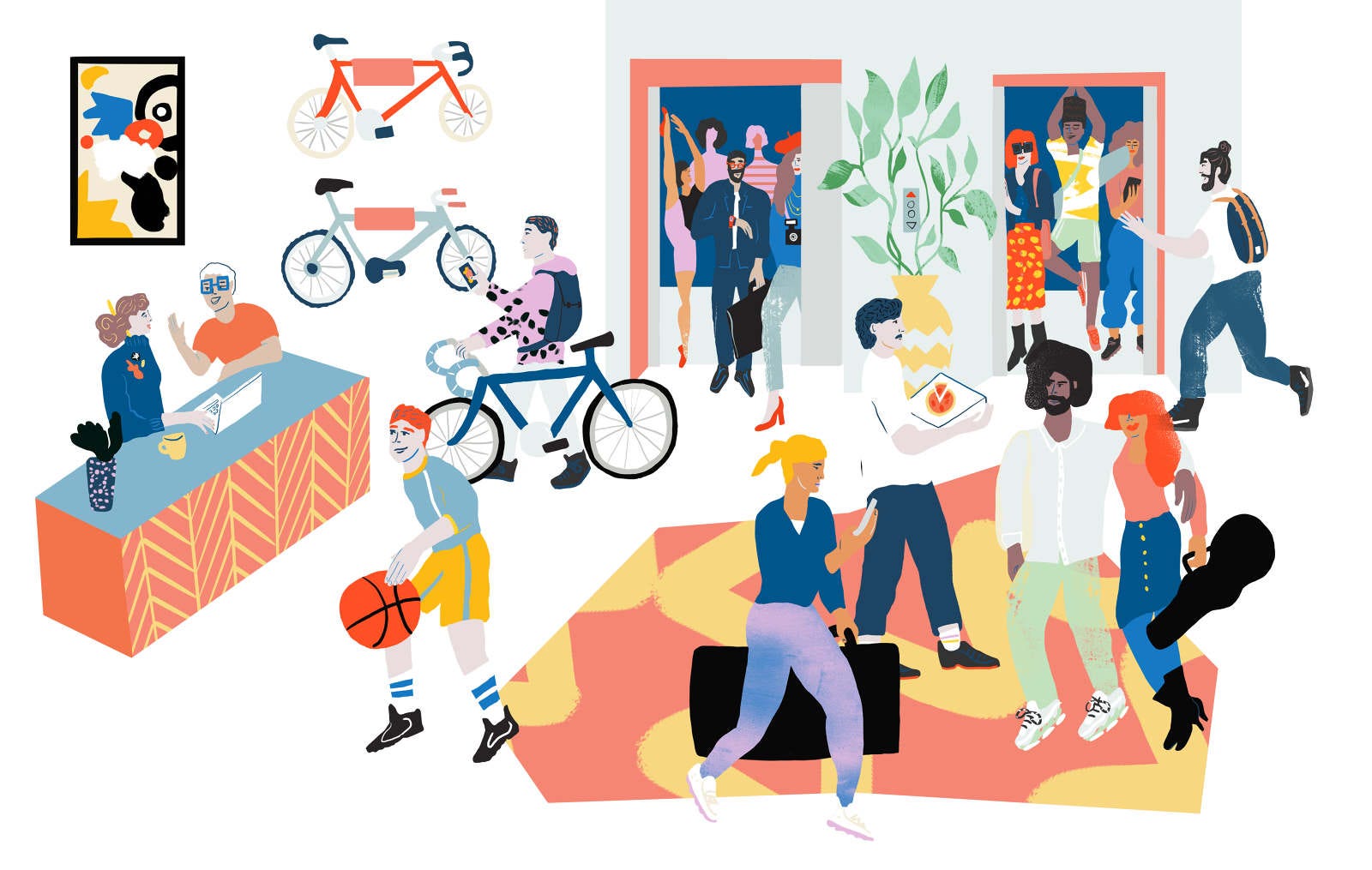 A busy illustration containing many people doing various activities like biking, dancing, playing basketball, holding a guitar case.