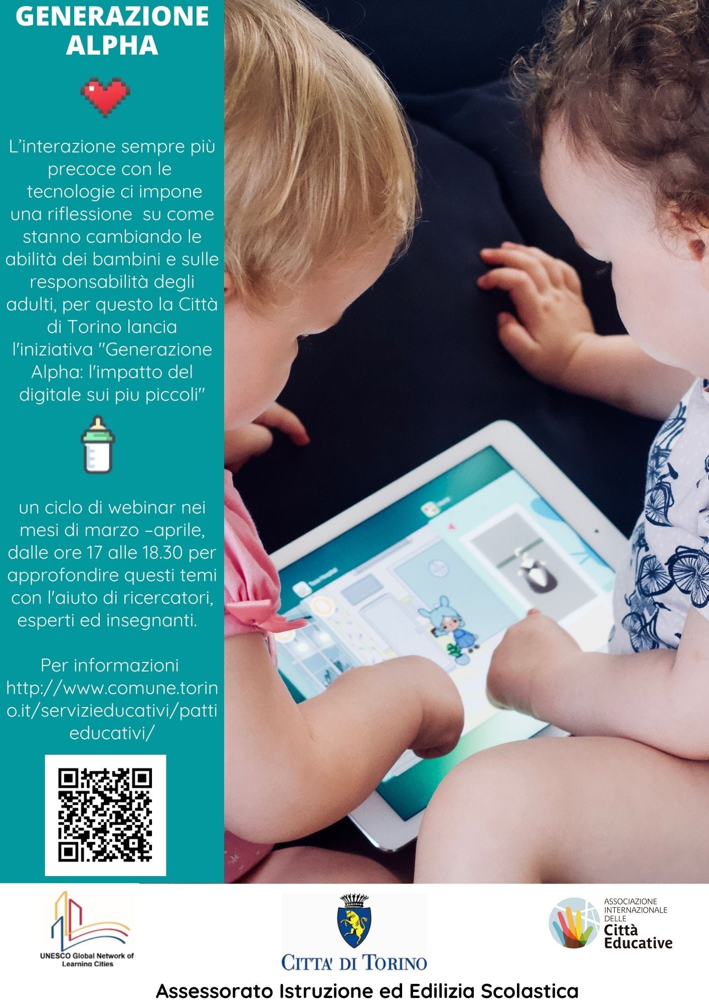 bambini di alcuni mesi che guardano un tablet e indicazioni per iscrizione ai webinar