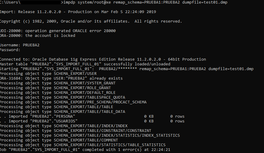 Crear un backup de Oracle 11g XE e importar a un esquema by Johan