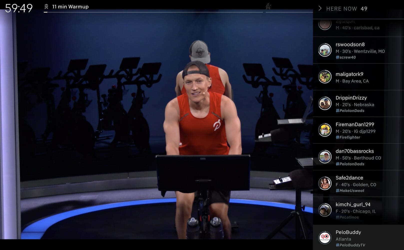 A screenshot of Peloton’s dashboard shows the instructor in the middle and the leaderboard on the right of the screen.