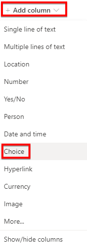 Microsoft Lists add a choice column