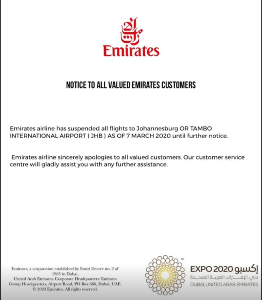False Emirates Has Not Suspended Flights To Johannesburg Due To
