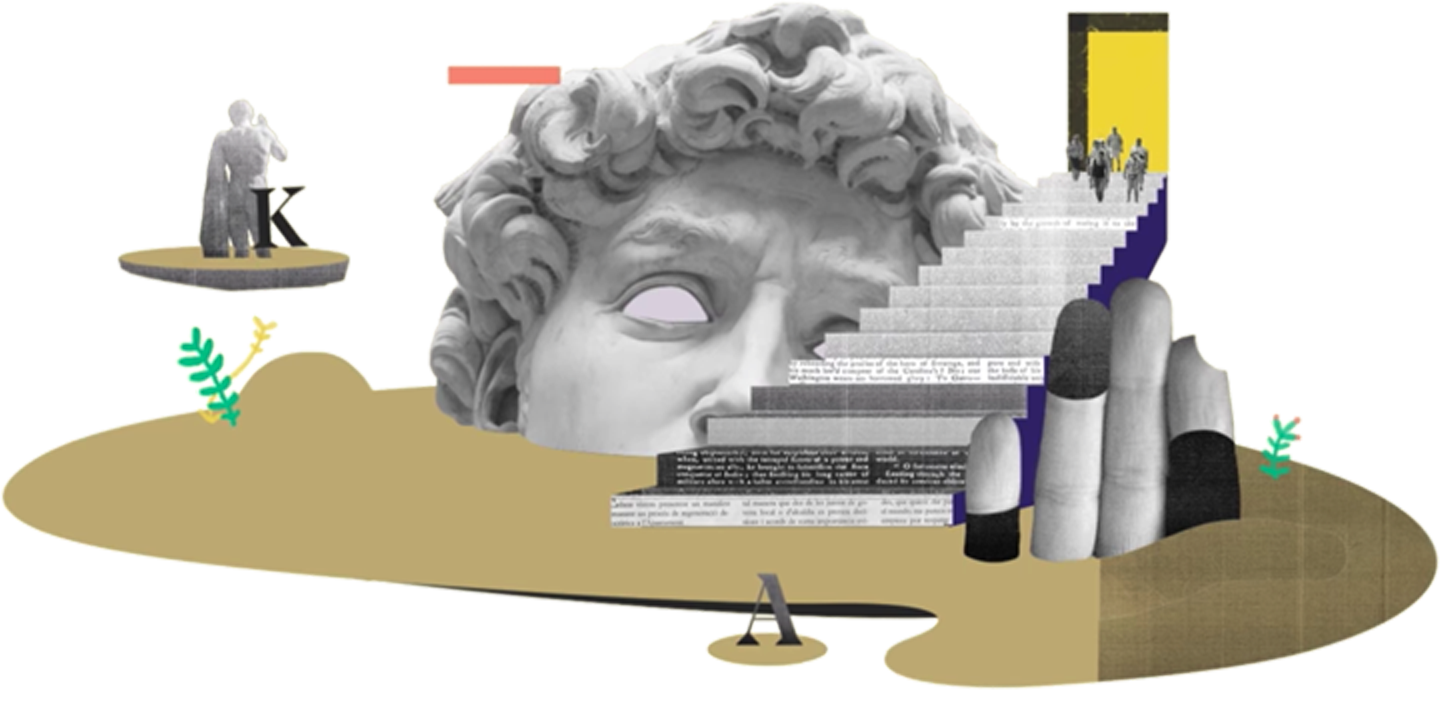 abstract image including broken roman human figure statues, a stairway with writing on each step leading up to an open door with a crowd of people near the top.
