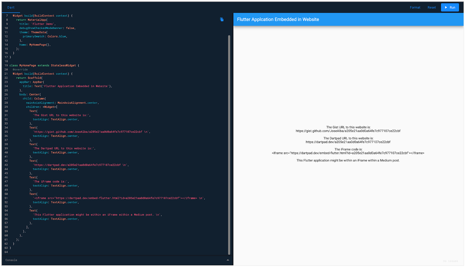 How to embed a Flutter application in a Website using DartPad | by Jose  Alba | Flutter | Medium