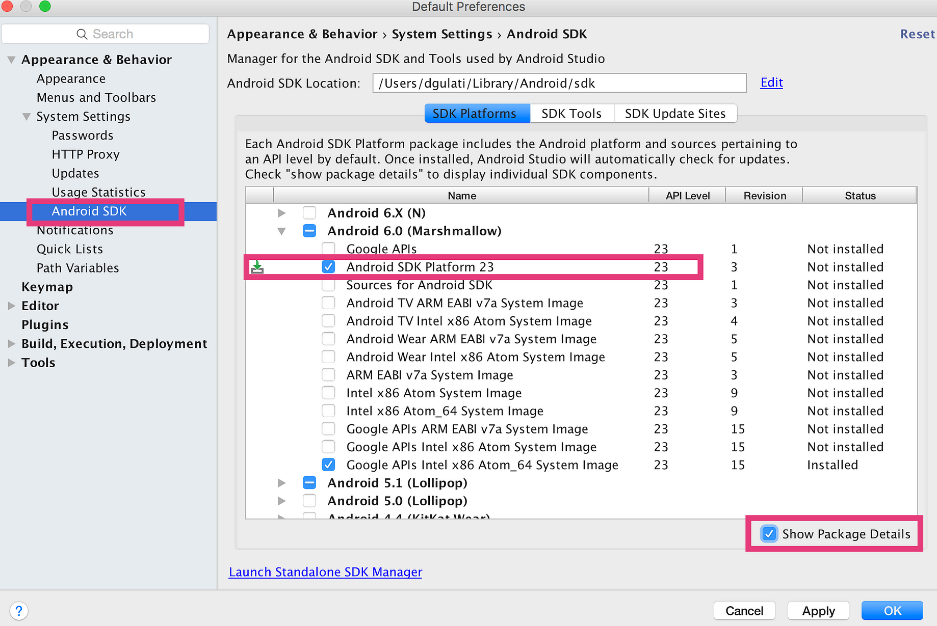 react native run android emulator mac ndk is missing a platforms directory