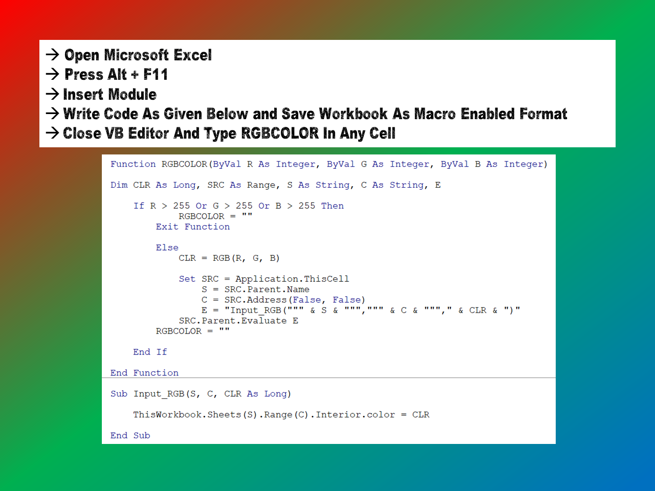 How To Create A Microsoft Excel User Defined Function To Fill Cells With Color Using Rgbcolor By Vishal Verma Medium How To Create A Microsoft Excel User Defined Function To Fill Cells With Color Using Rgbcolor By Vishal Verma Medium