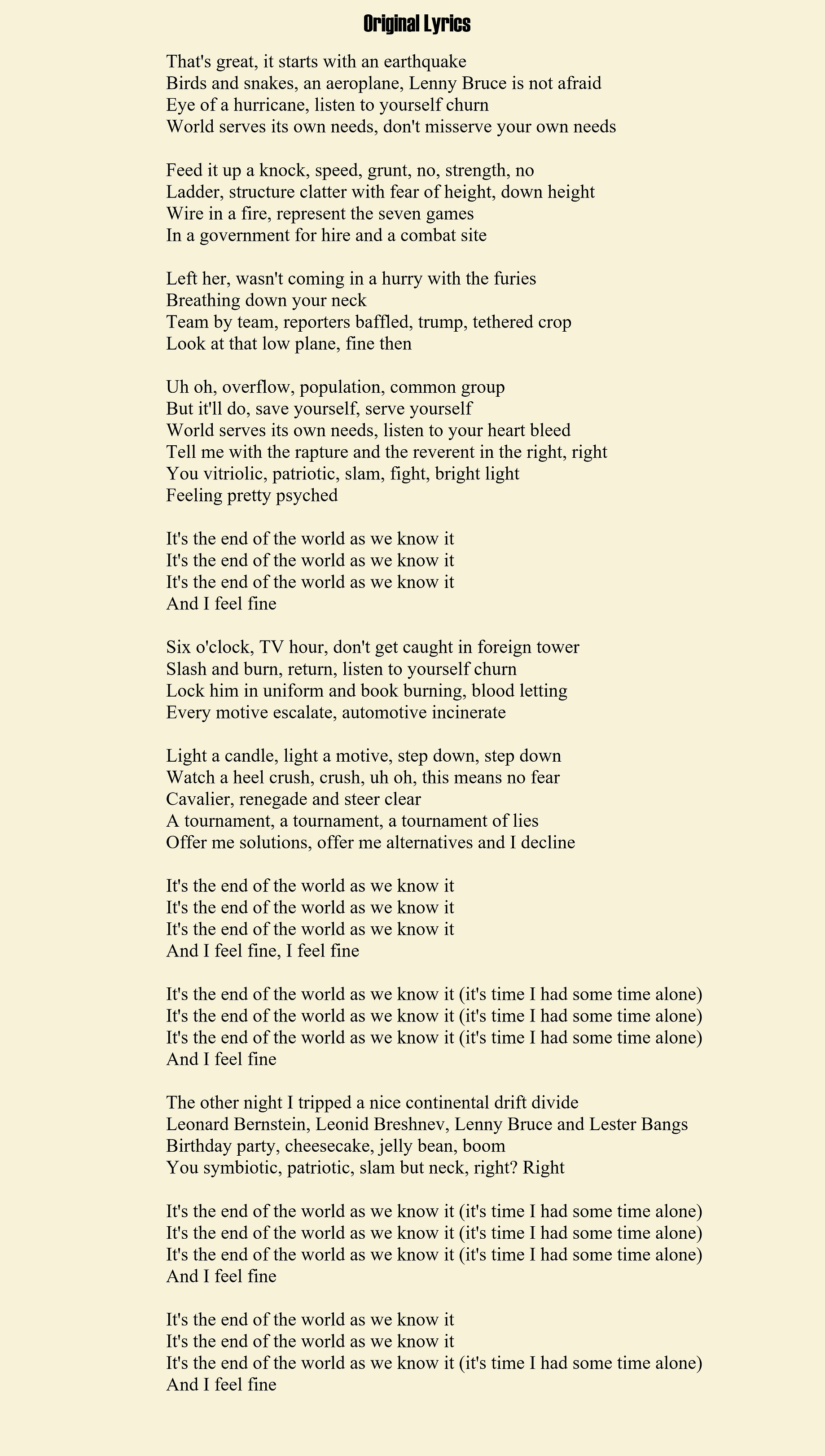 Alt Lyrics To The R E M Song It S The End Of The World As We Know It By Richard Finney Medium Alt Lyrics To The R E M Song It S The End Of The World As We Know It By Richard Finney Medium