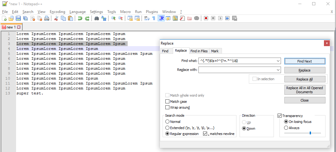 notepad find and replace tab