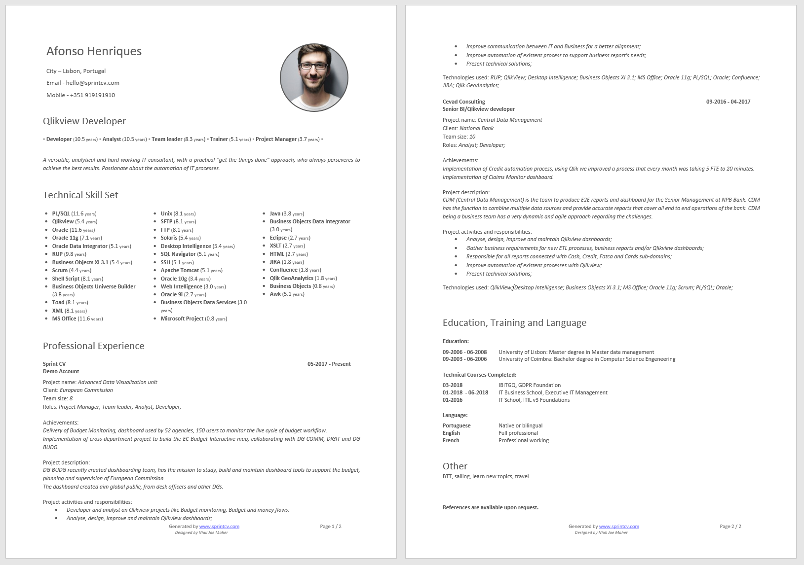 Free Europe Job Cv Format