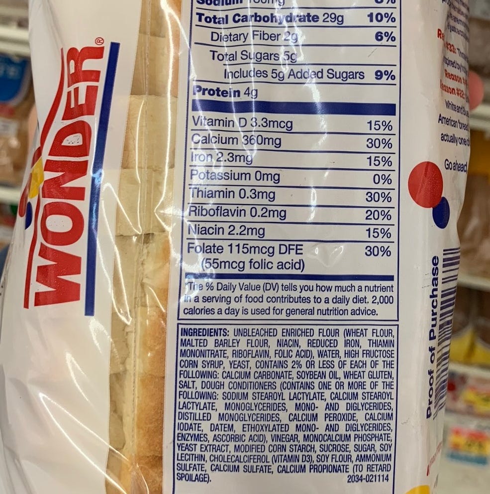 Wonder bread nutrition facts label