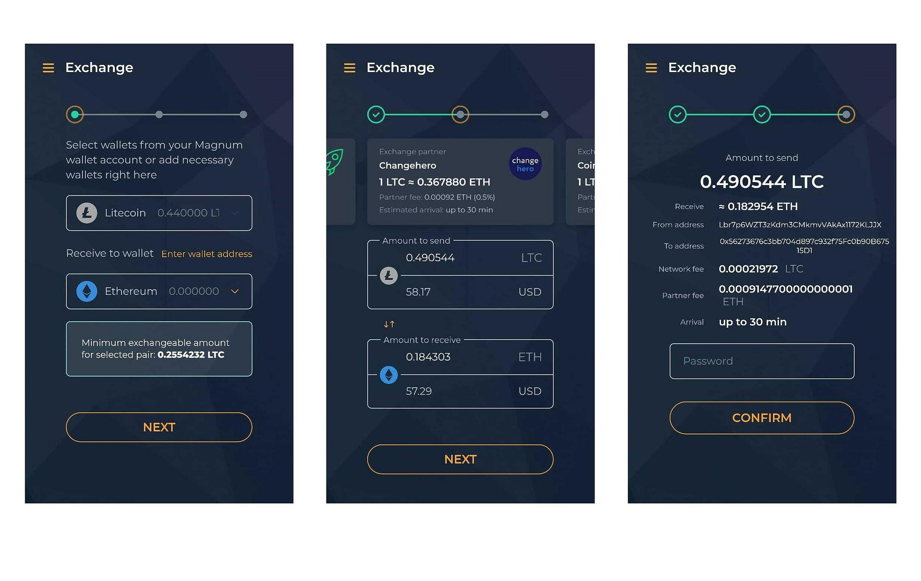 Magnum wallet exchange UI on mobile devices