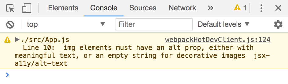 Screenshot der Chrome DevTools-JavaScript-Konsole mit der folgenden Meldung: Line 10 img elements must have a alt prop, entweder mit aussagekräftigem Text oder einer leeren Zeichenfolge für dekorative Bilder. jsx-a11y/alt-text.