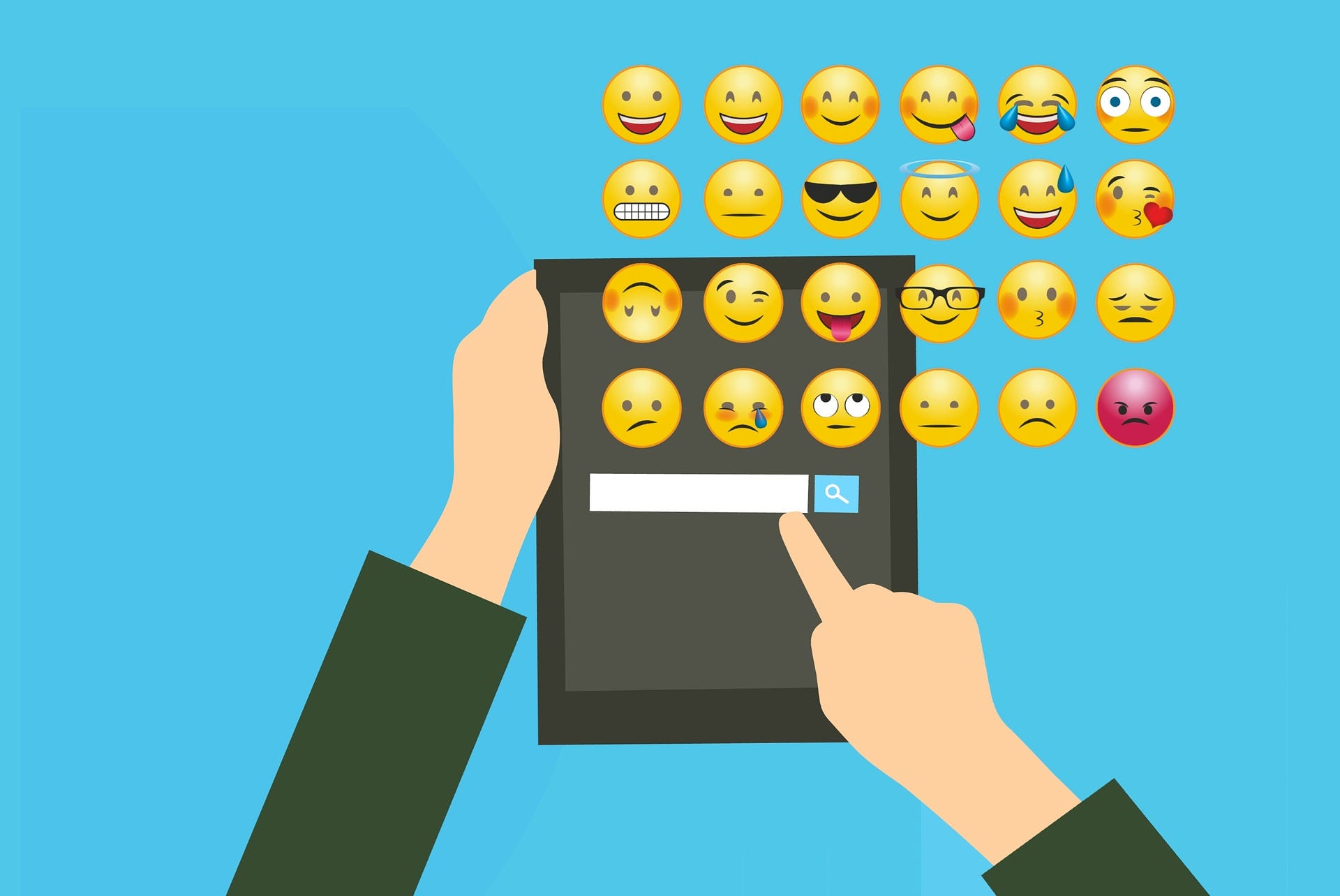 Illustration of a person using a search engine on a tablet, with a range emojis in the foreground