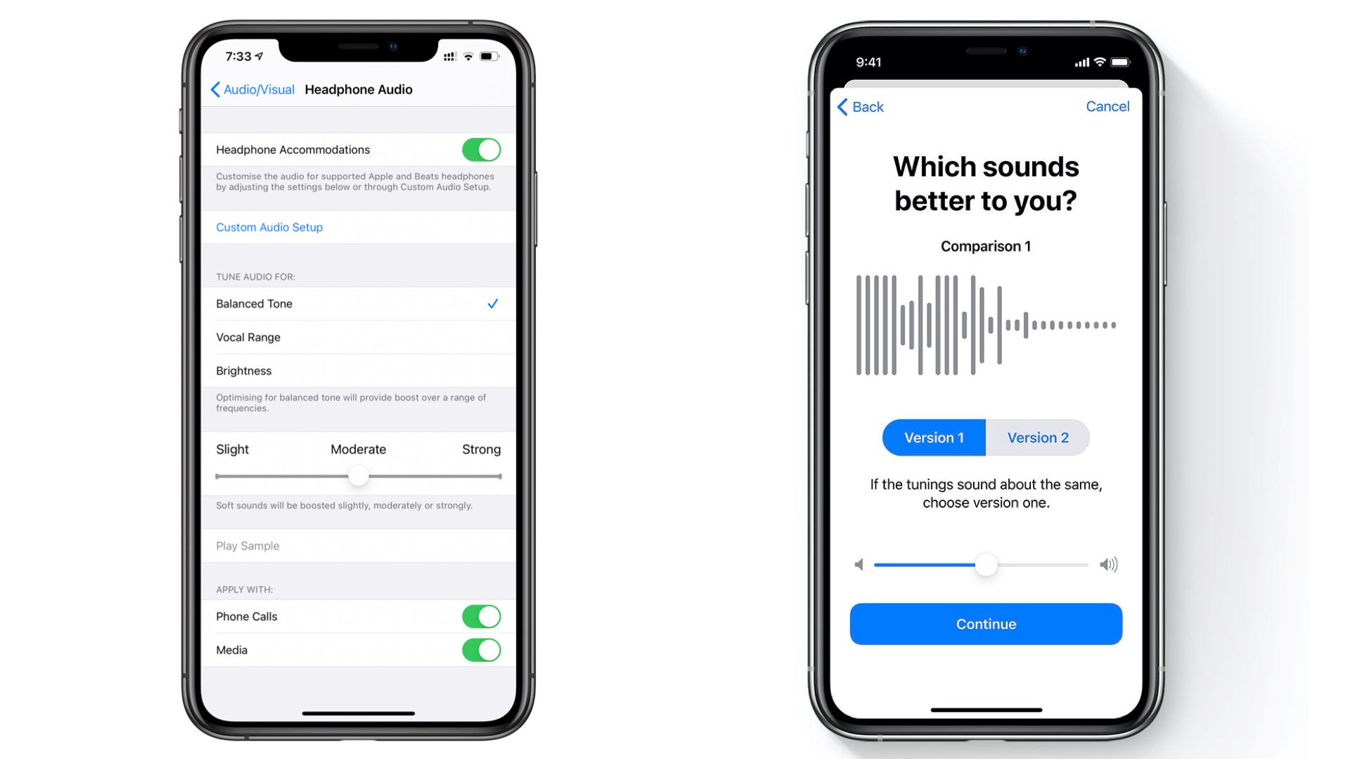 Screenshots of Headphone Accommodations settings and Custom Audio Setup for Headphone Accommodations.