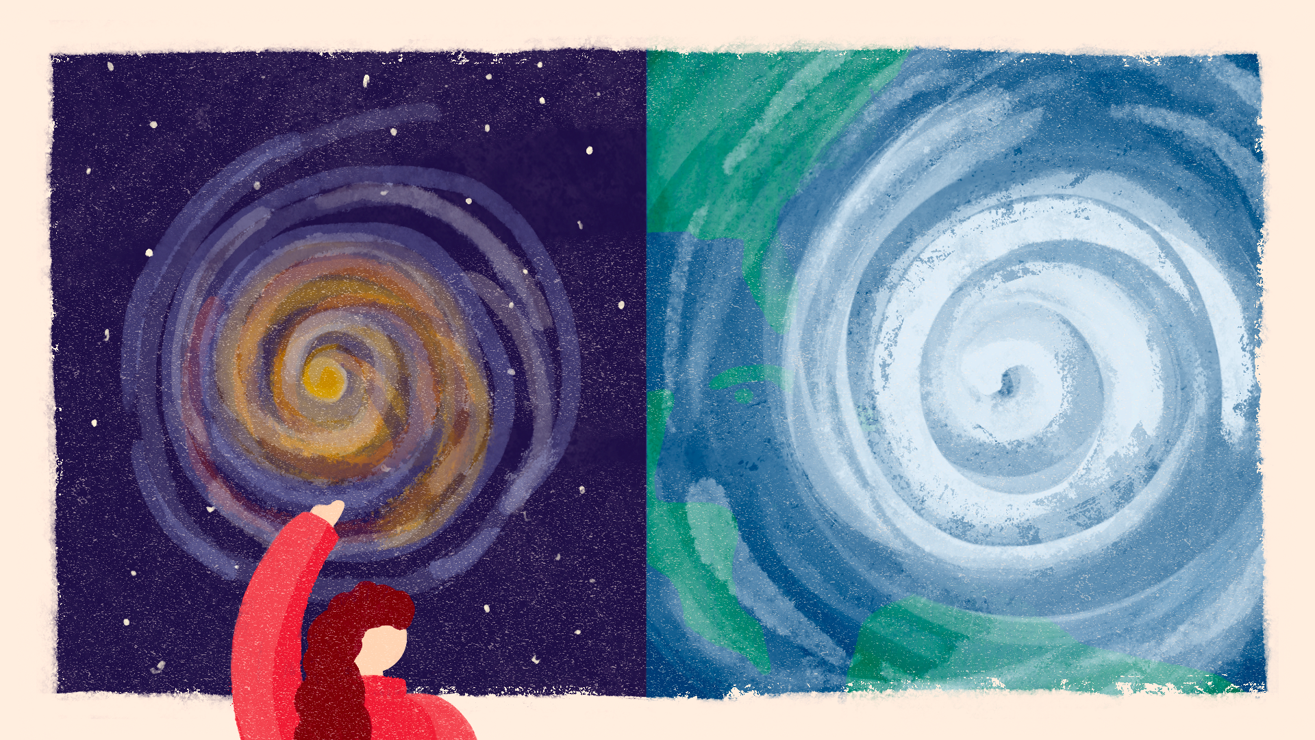 On the left, an illustration of a spiral-formed universe. On the right, an illustration of a hurricane as seen from above it.