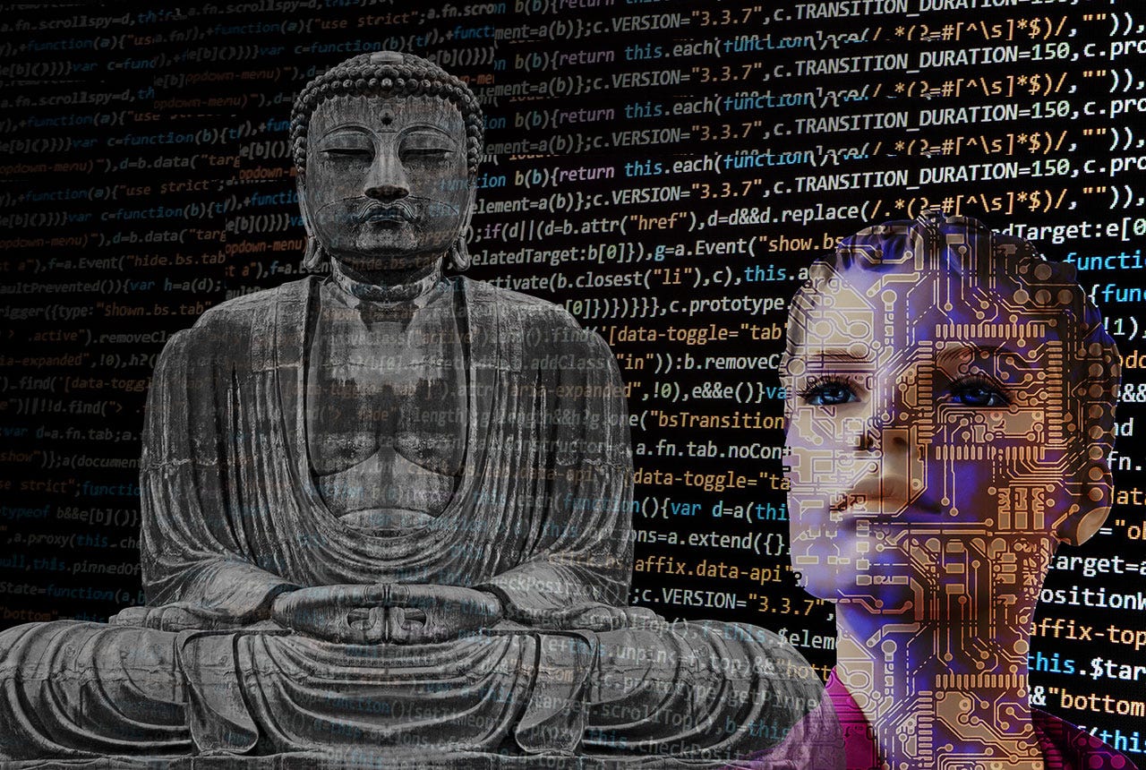 Buddha image with AI represents Buddhist wisdom applied to current technology for holistic solutions to complex problems.