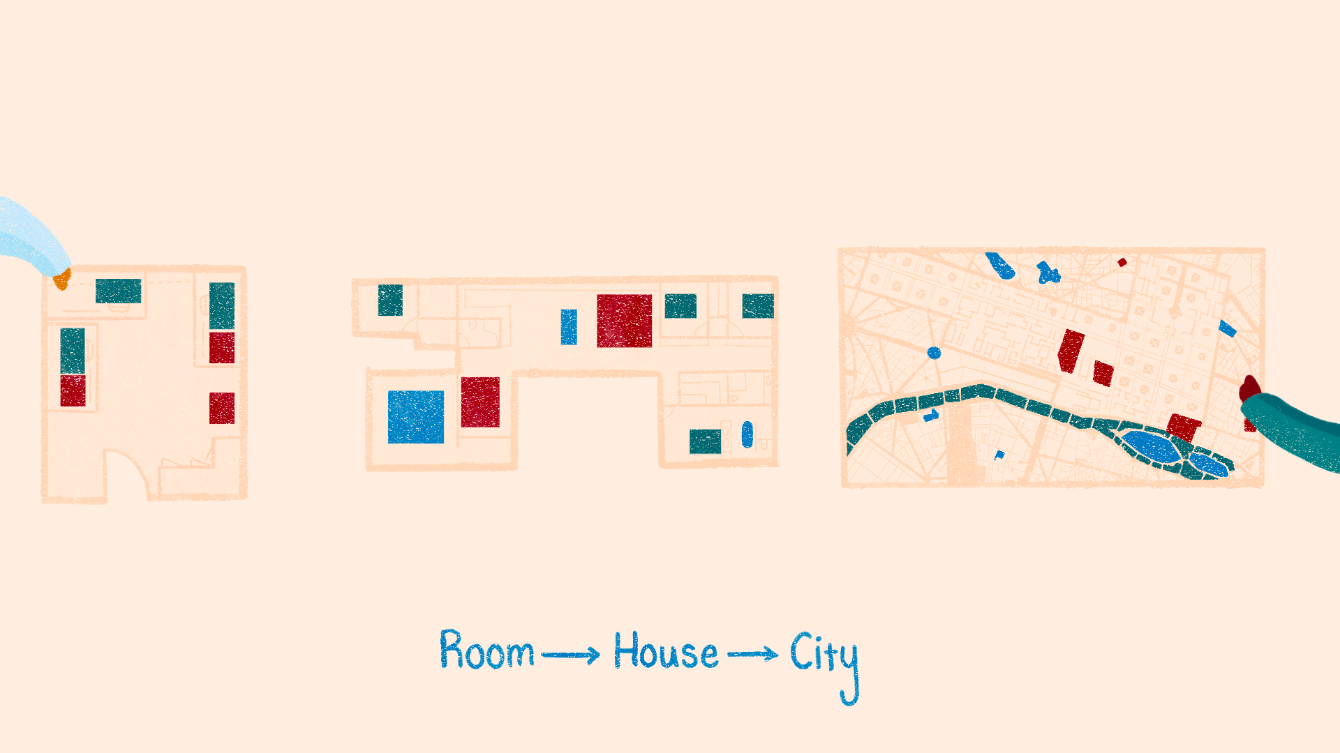 Illustrated blueprint of a single room, a house, and a city.