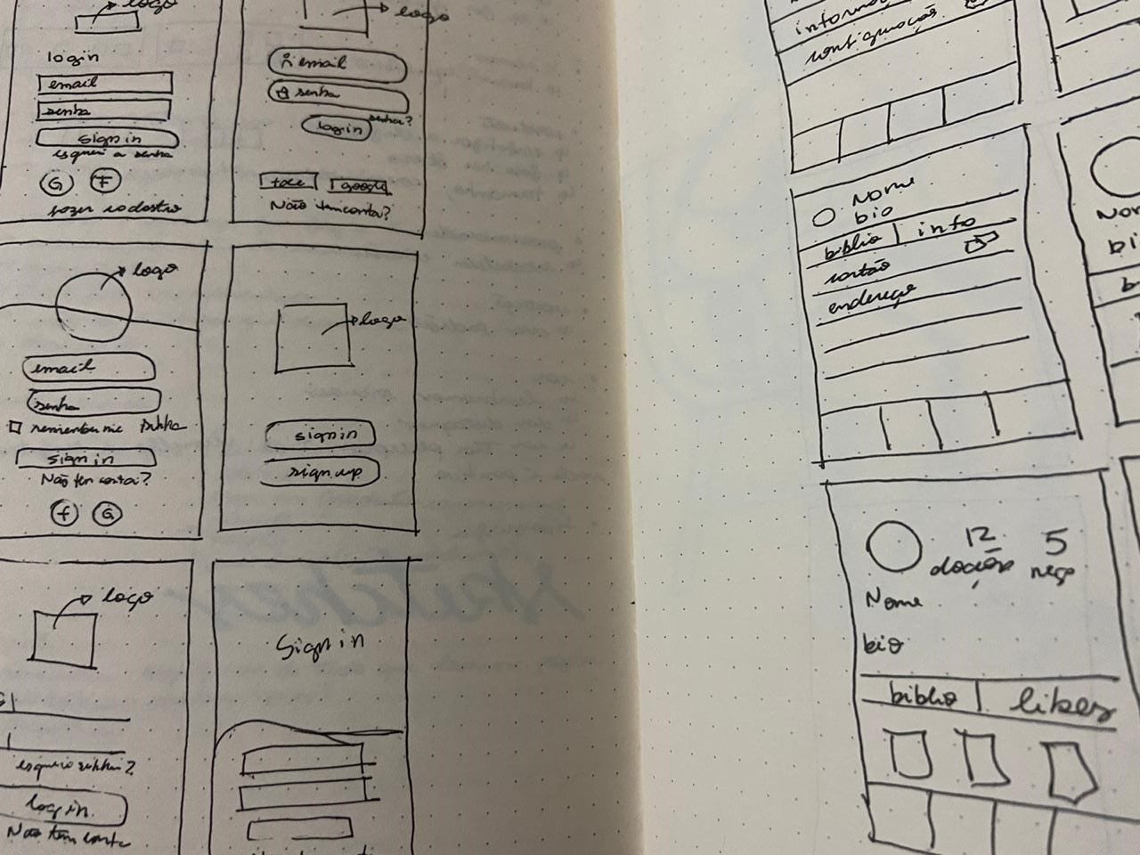 Esboços desenhados em um caderno