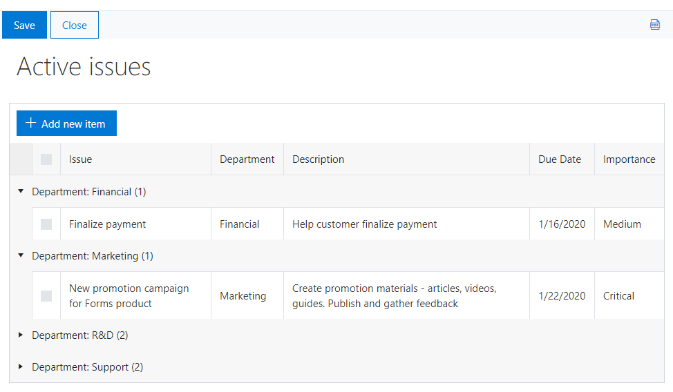 SharePoint forms with related items sorted by groups with totals by