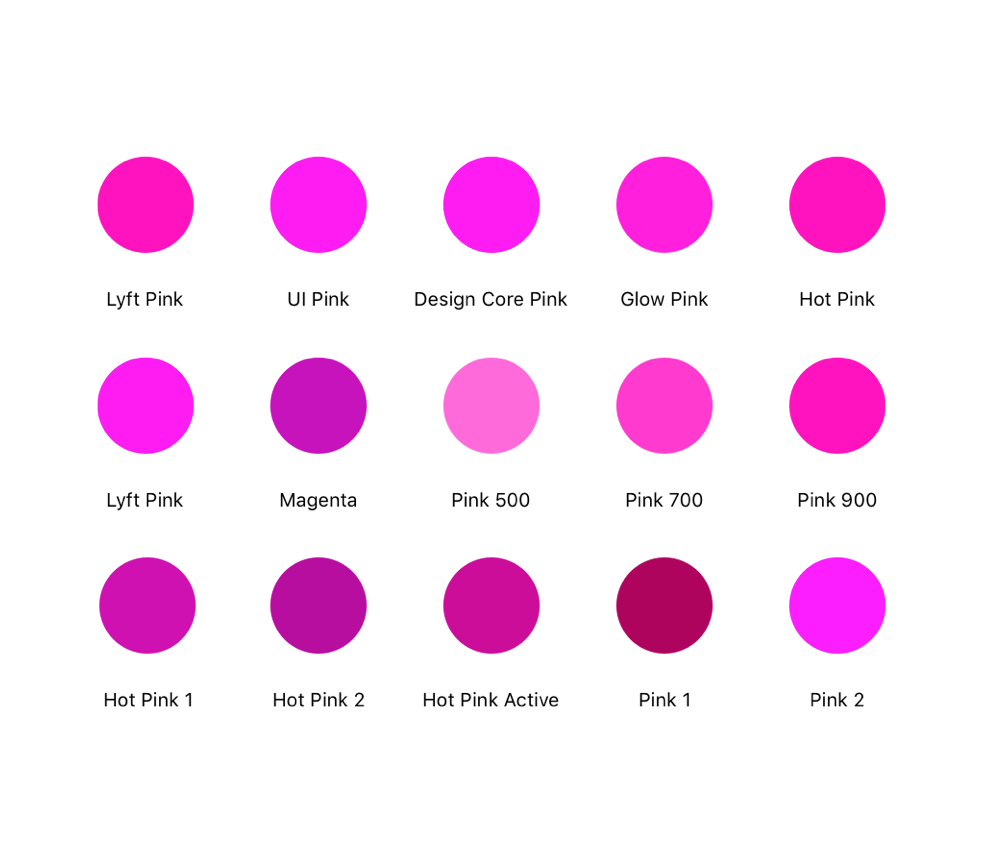 Range of different pink colors used at Lyft