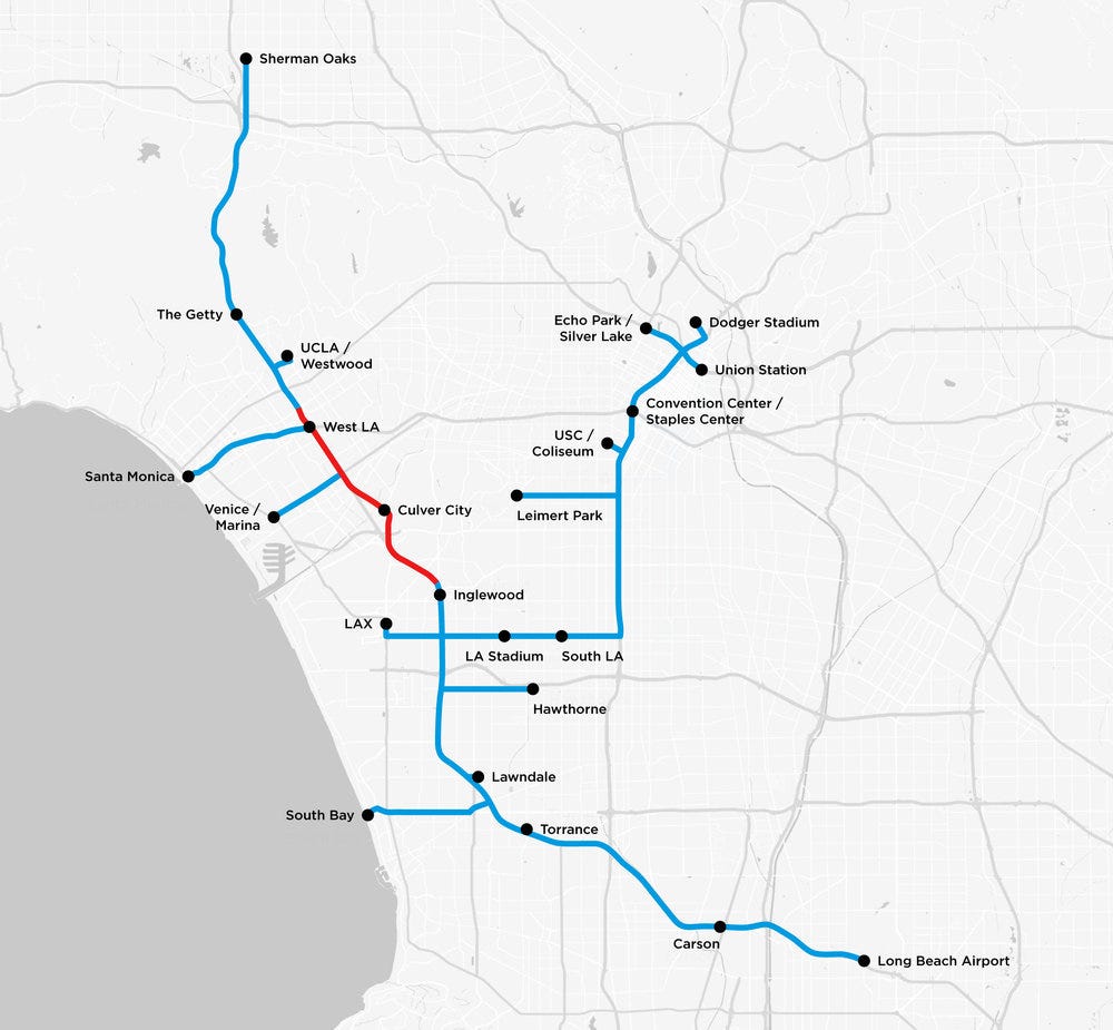 elon musks boring company map of los angeles showing proposed tunnel routes that appear to ignore many communities of color