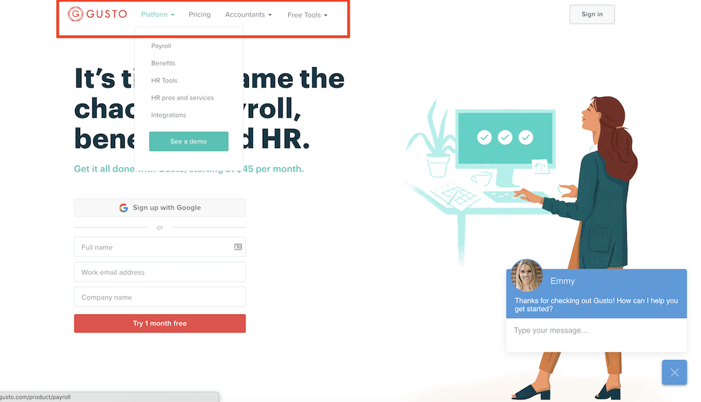 Website example that shows the full navigation on a homepage, as opposed to the limited navigation of a landing page