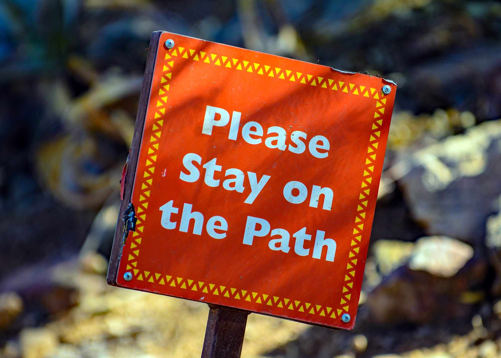 orange sign that reads “Please Stay on the Path”
