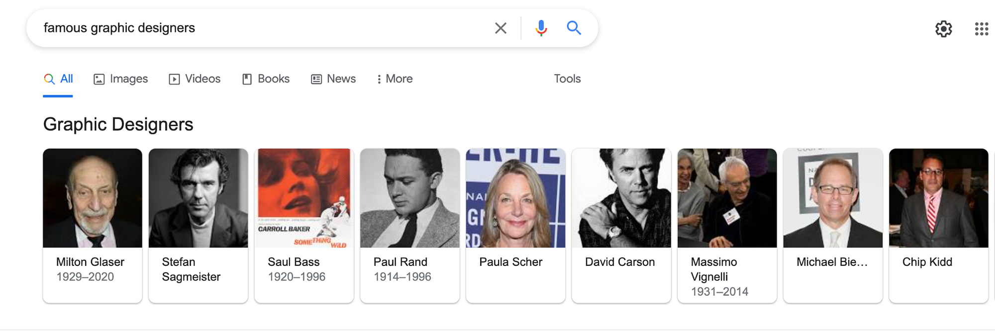 Screenshot from a google search for Famous graphic designers. Different people are shown.