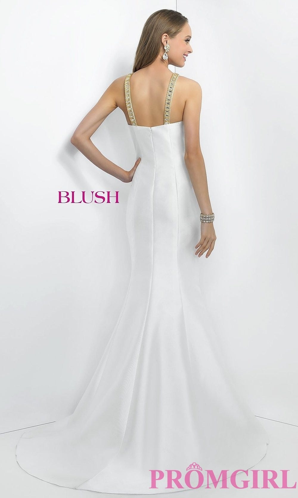 white prom dress with gold accents