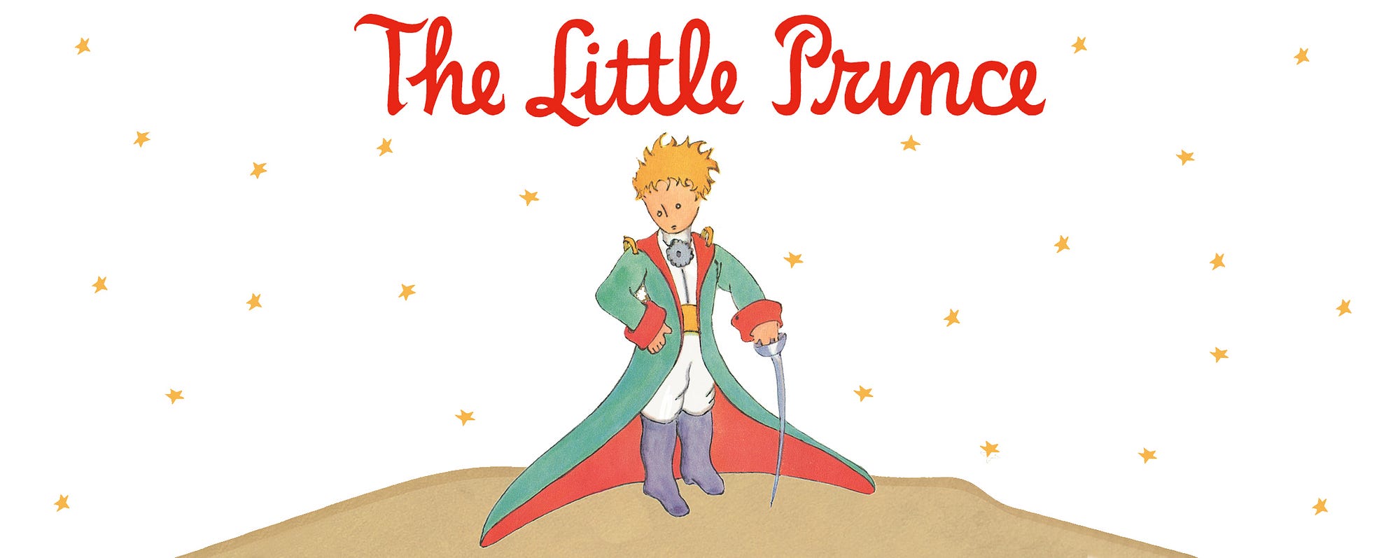 Little Prince illustration. A little man with golden hair, wearing his green royal coat.
