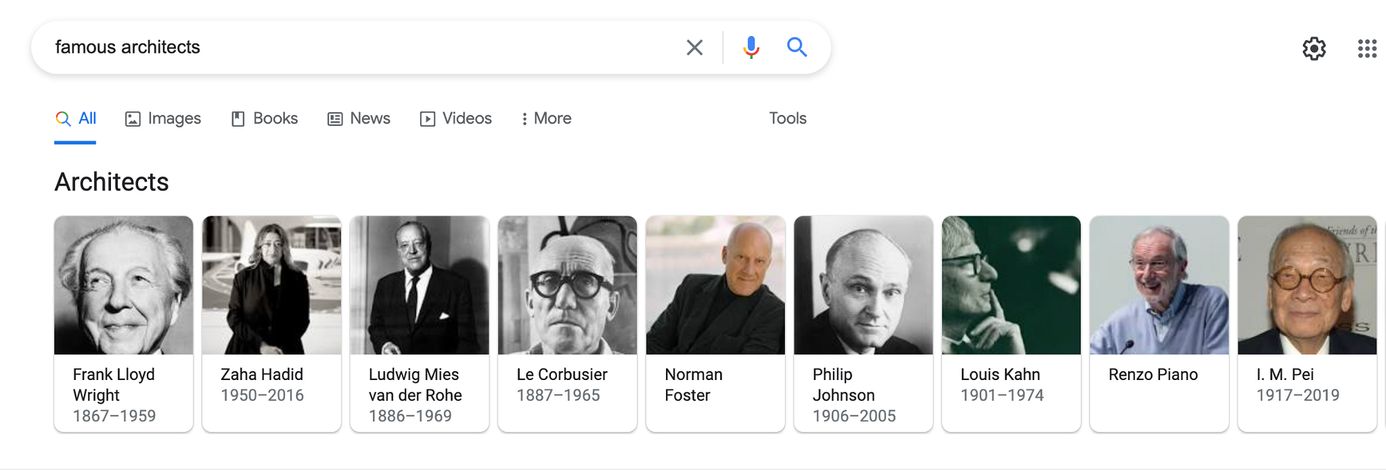 Screenshot from a google search for Famous architects. Different people are shown.