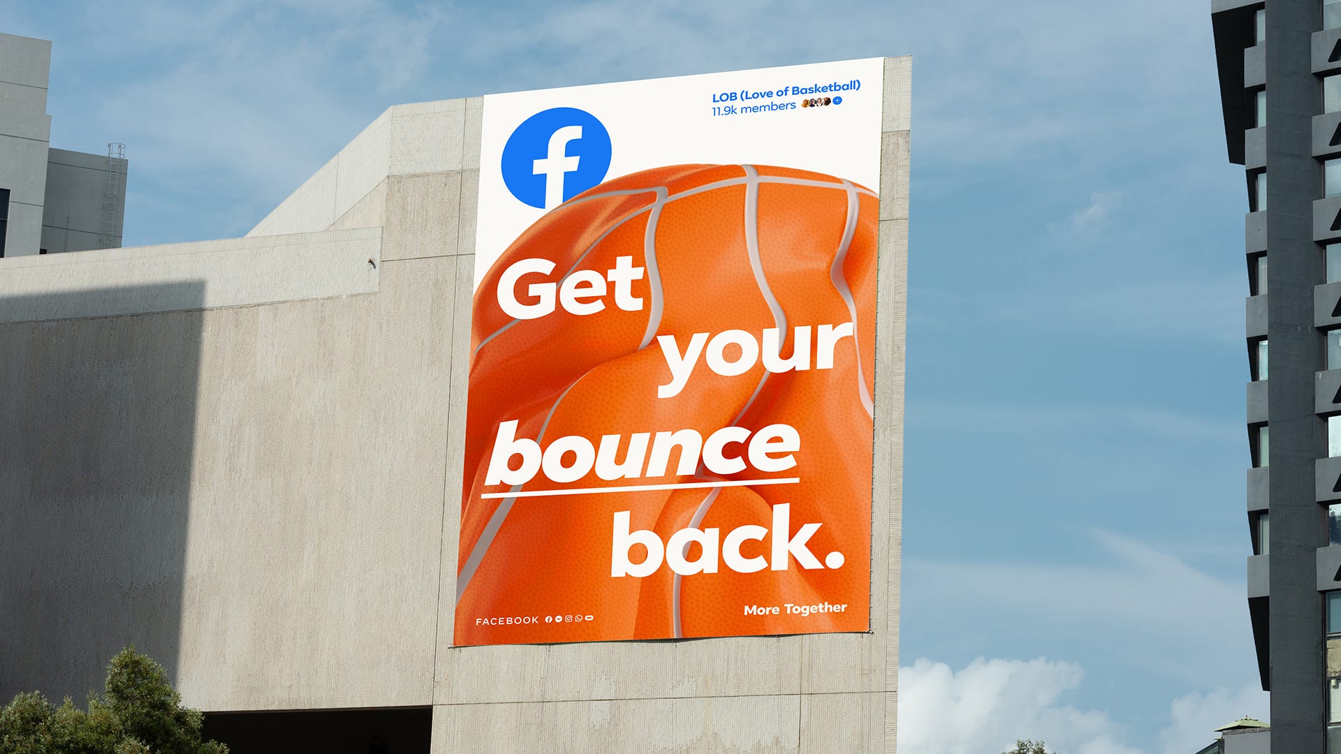A More Together advertisement on the side of a tall building says Get your bounce back.