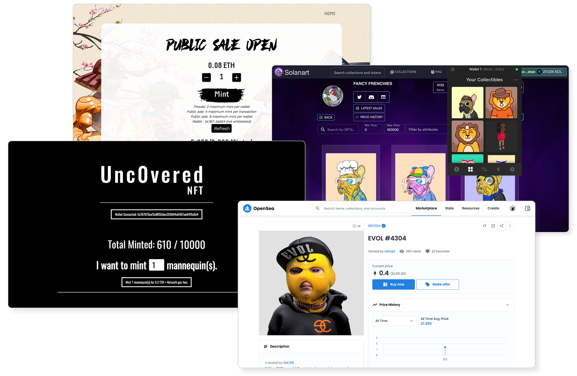 Four screenshots from NFT collections’ websites and secondary marketplaces.