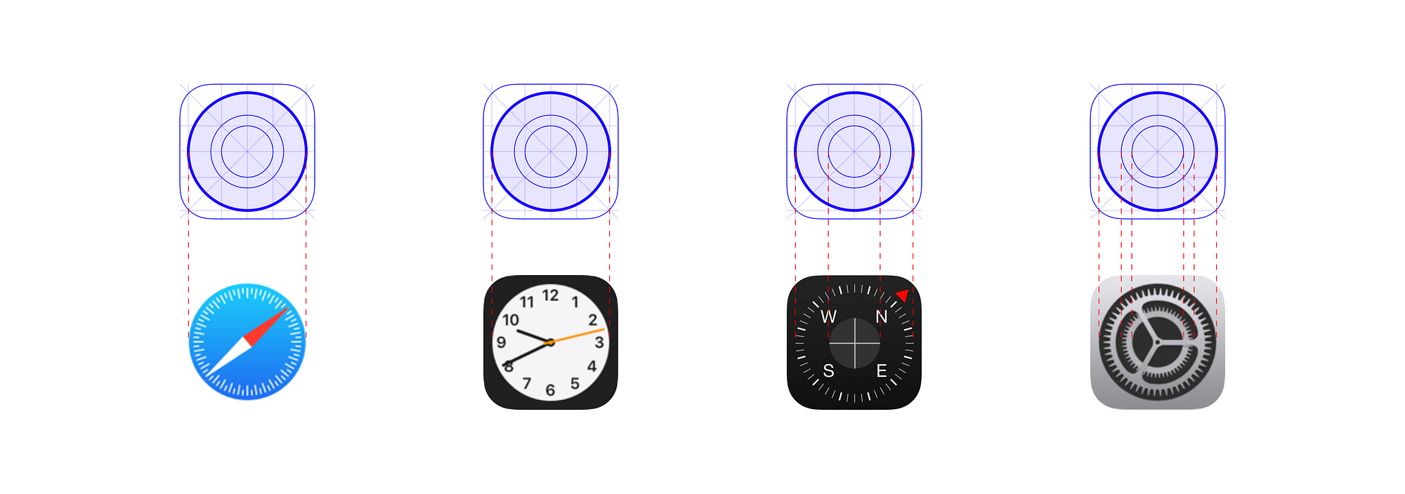 Apple compass faces, clock faces, and gears follow their circular keylines
