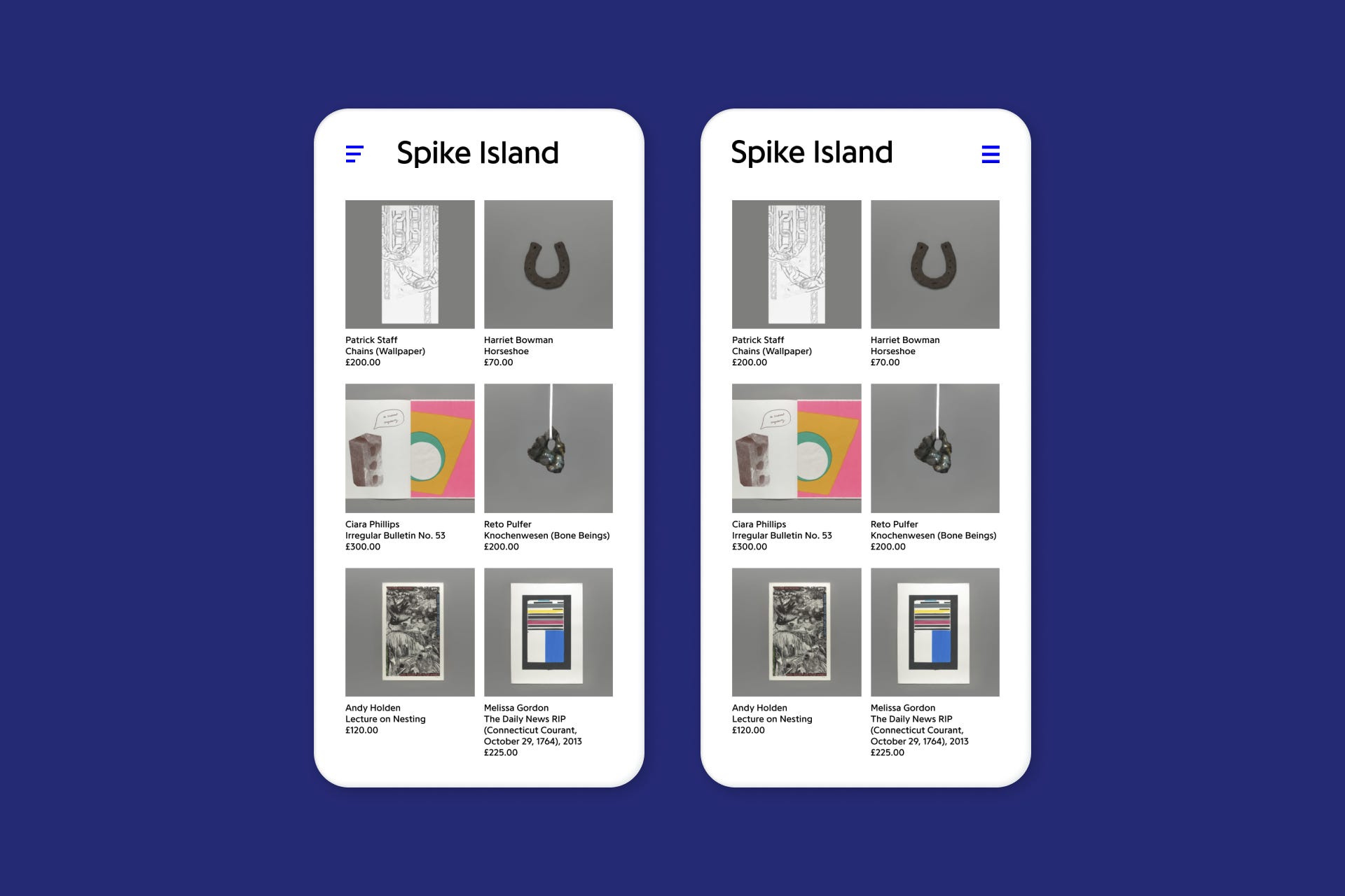 2 designs for a hamburger menu. On the left a less conventional design and position.