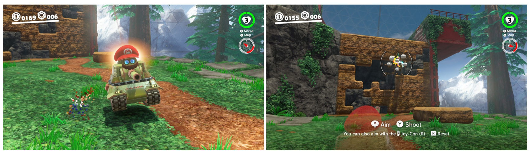 Mario as a Sherm tank firing canons at a tall rock wall.