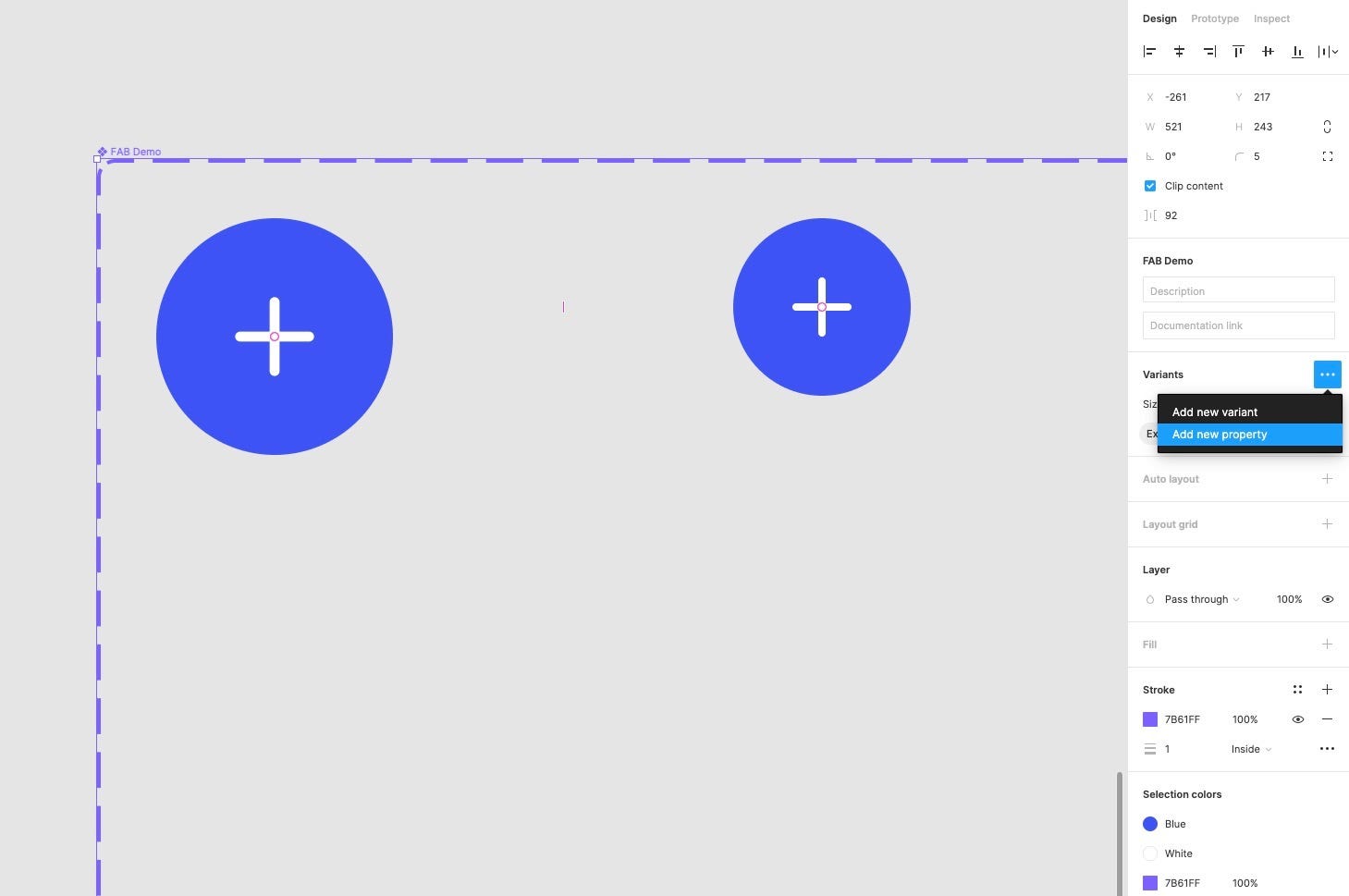 An example of the Add New Property select menu being used in the Variants panel in Figma