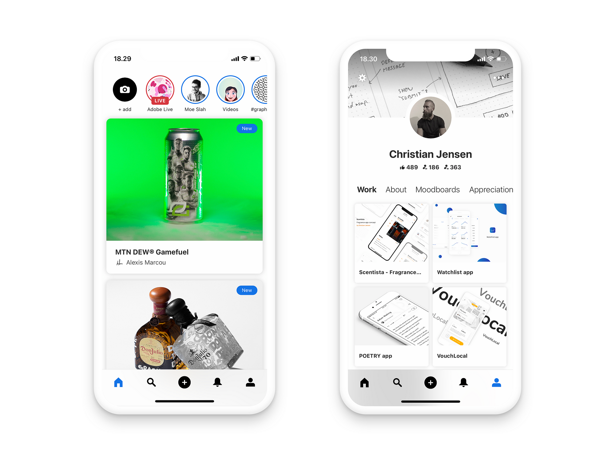 Two iPhones showing the home screen and the profile screen of the Behance app.