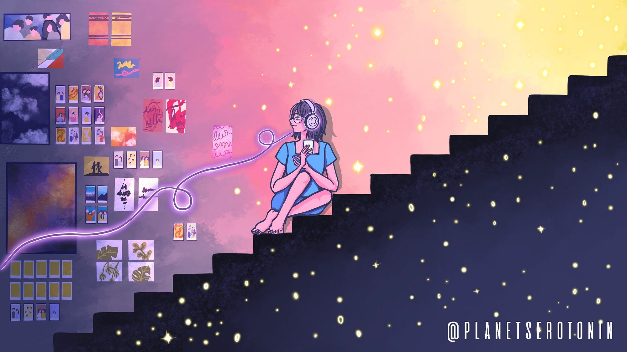 A girl sitting on the stairs wearing headphones as she looks back on the mementos, posters, and pictures from her past.