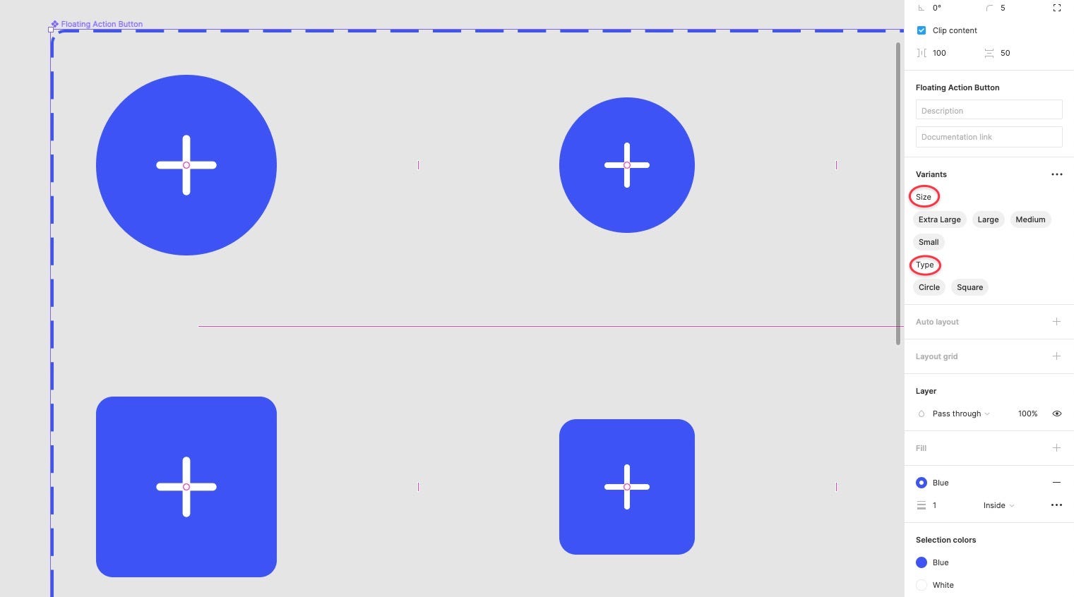 An example of 2 new variant type names being shown in the Inspector in Figma