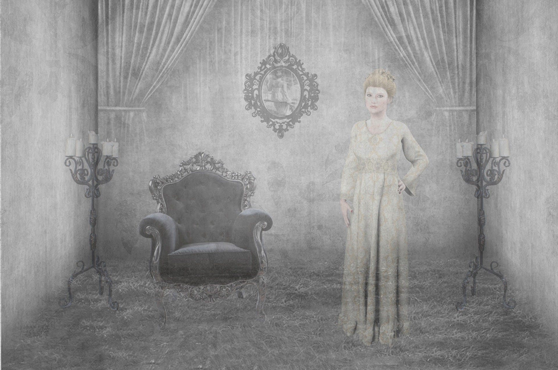 Victorian ghost woman standing by an armchair