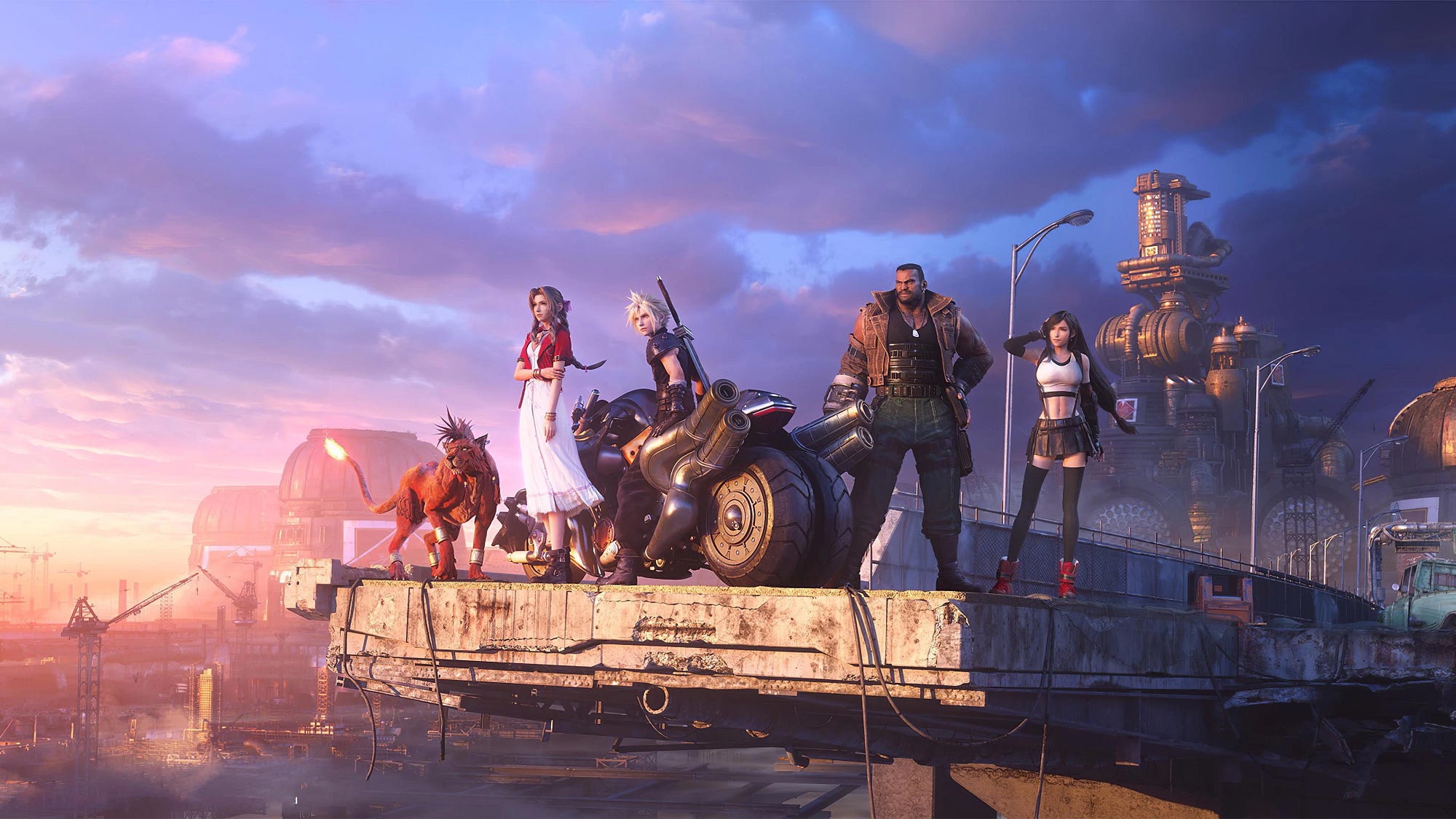 The cast of Final Fantasy VII remake standing in the city outskirts with a motorcycle.