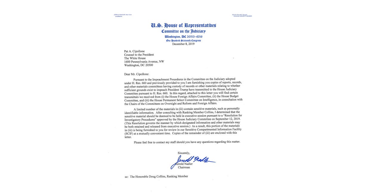 Chairman Nadler Sends Letter to White House Regarding Impeachment