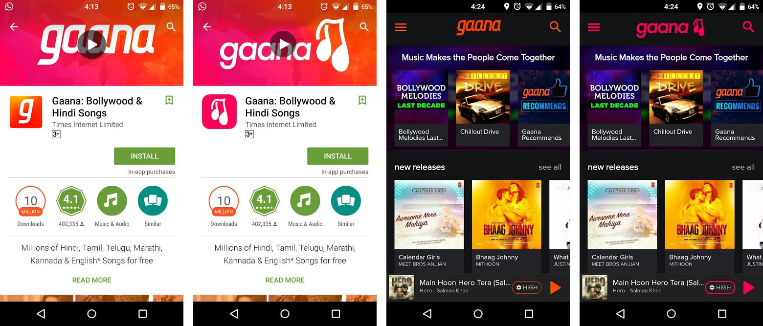 Left: Gaana on the Play Store | Right: Gaana Android app