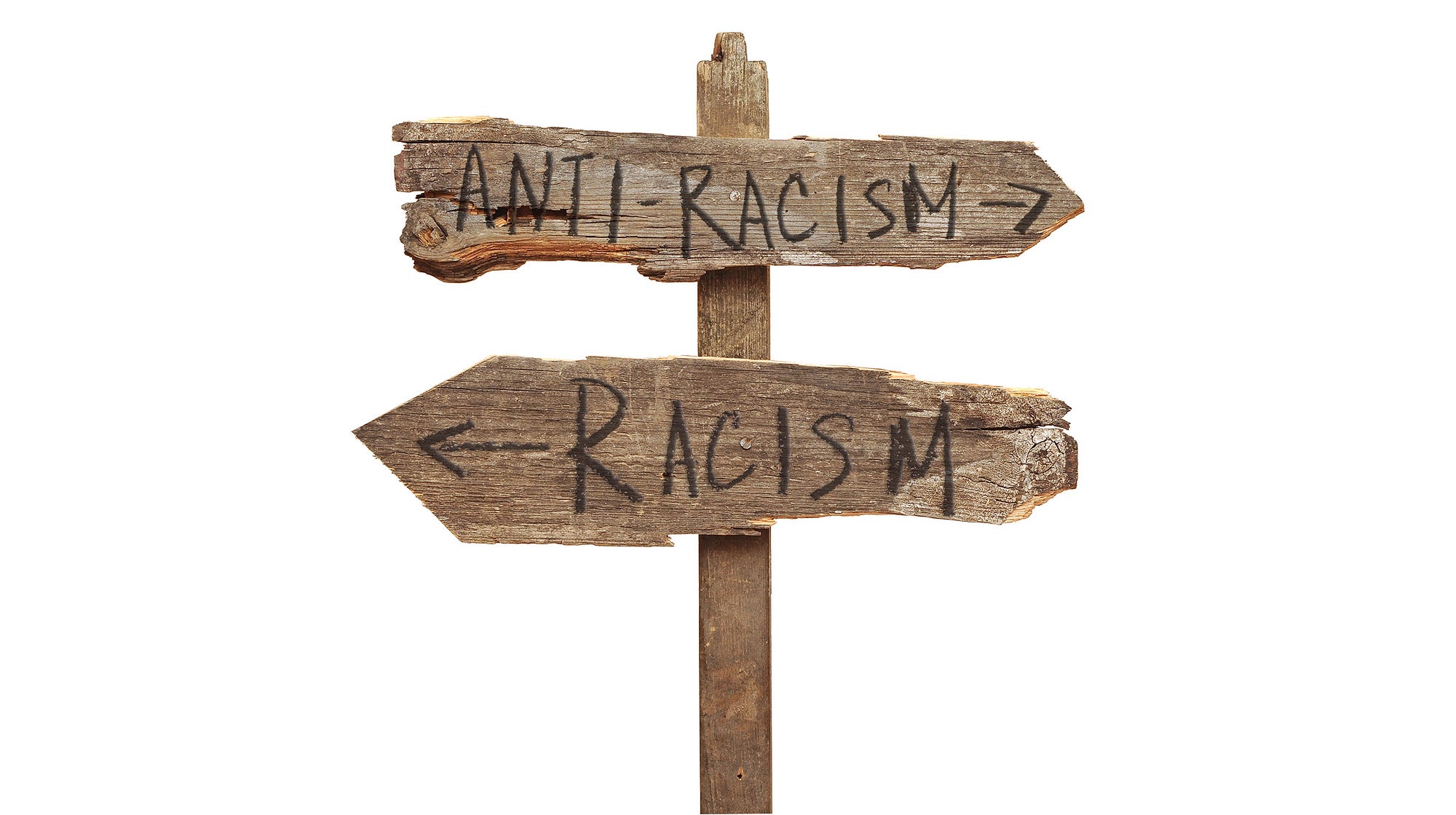 a rustic wooden signpost with an arrow pointing backwards to racism and forwards to anti-racism