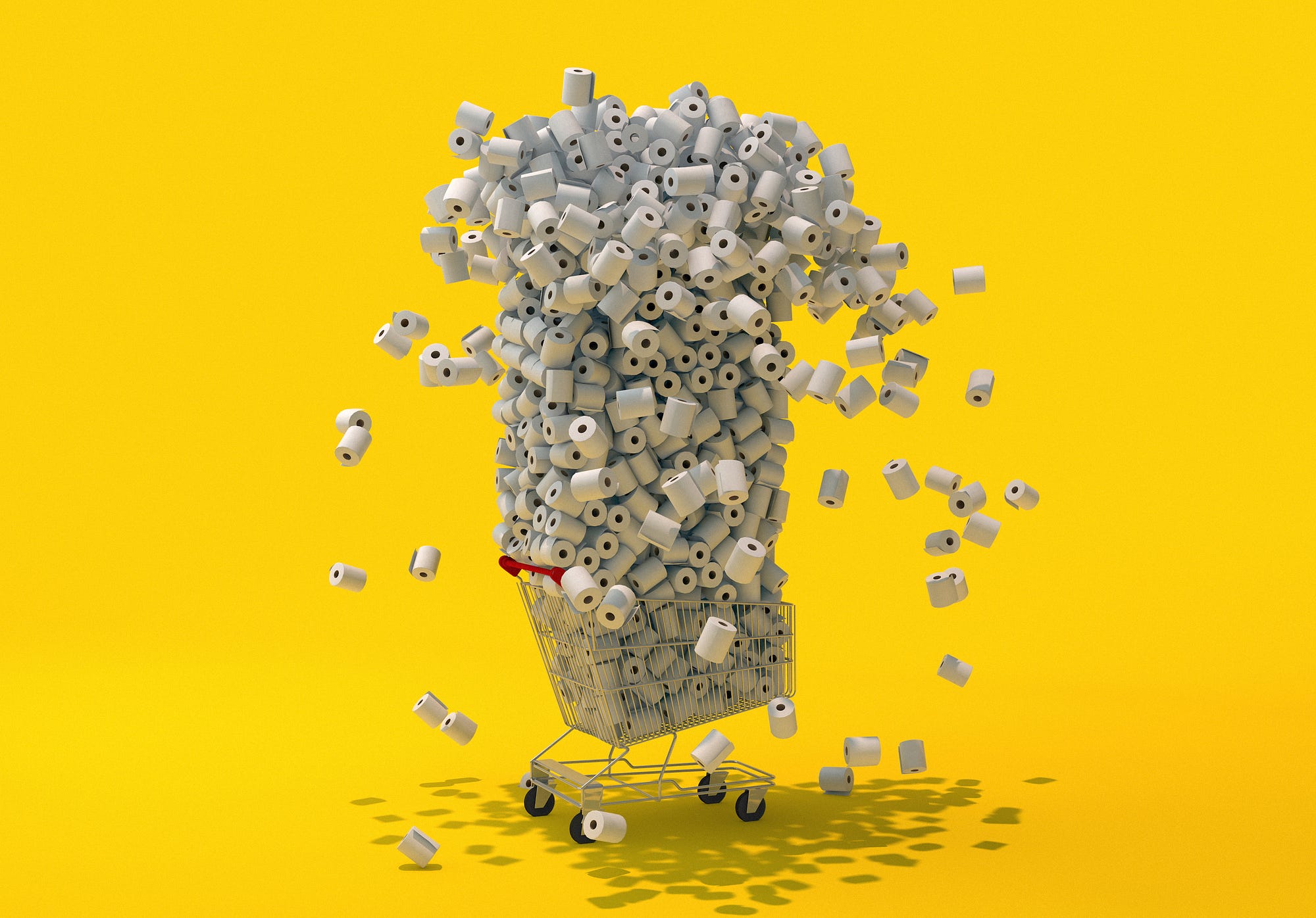 An illustration of hundreds of toilet paper rolls stacked up in a single shopping cart.