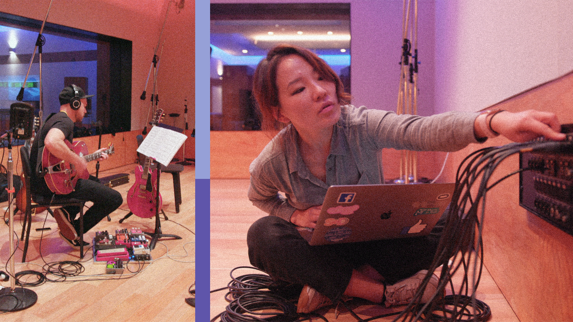 On the left, a musician plays a guitar in a studio. On the right, a technician connects a cord from a laptop to one of many jacks.
