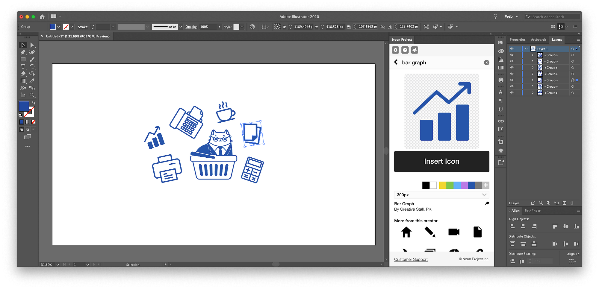 How to make patterns in Illustrator: start by determining what icons you want to use as your basic pattern tile. The Noun Project Add-In for Adobe lets you insert as many icons as you want and recolor them. Using this “core cluster” of icons as a basis, play with the balance of white space before you create a repeating pattern out of them.